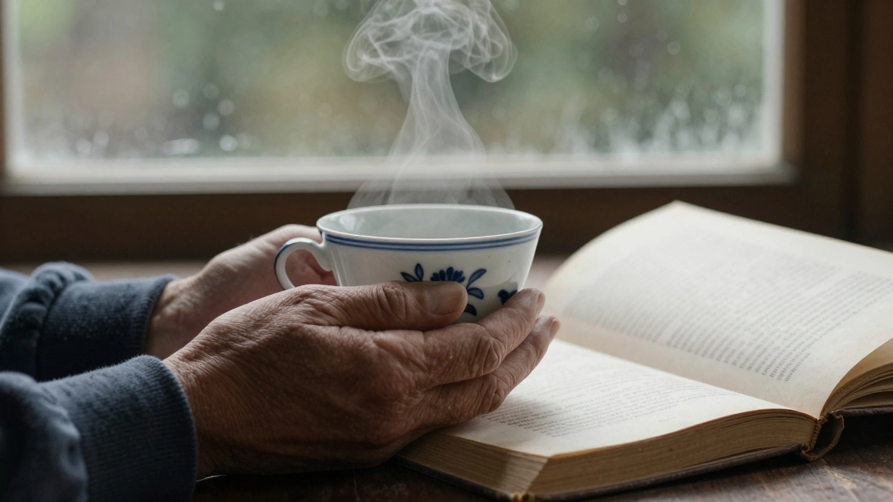 Hands holding a teacup with an open book beside it, blurred background, serene and reflective.