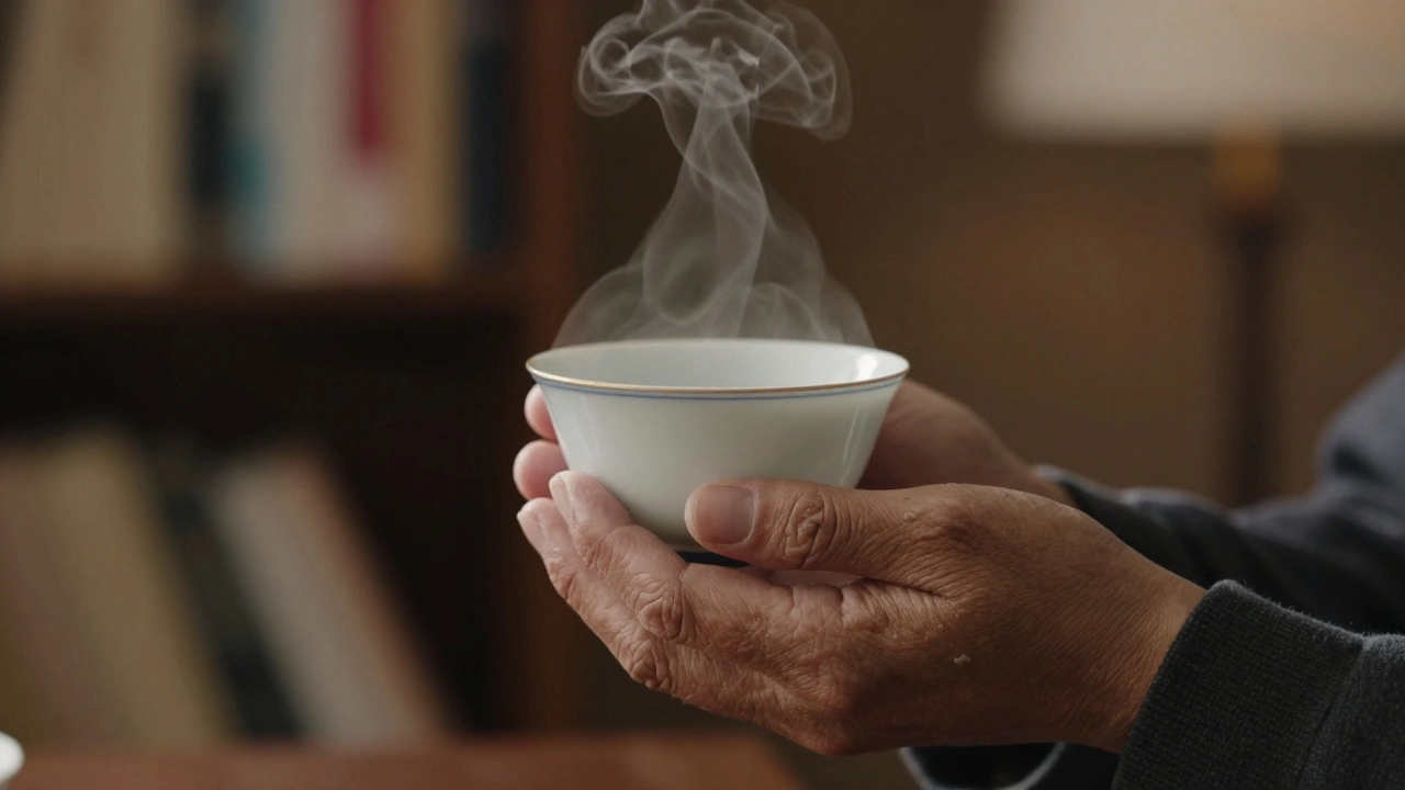 Hands holding a warm teacup with steam rising in a softly blurred setting.