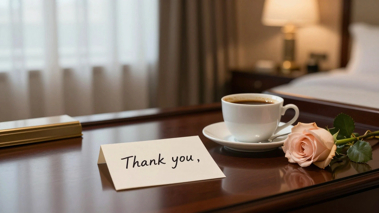 Handwritten 'Thank you' note on hotel desk with coffee cup and rose.