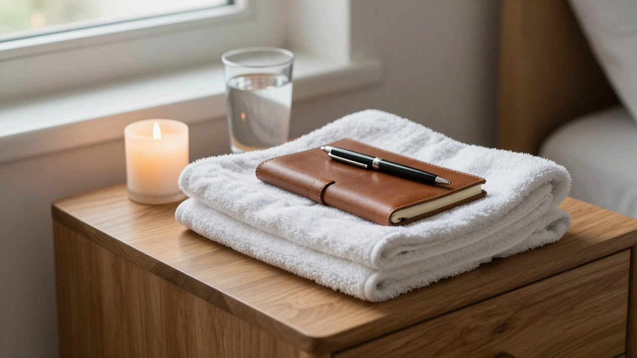 Neatly folded towels, a candle, and a glass of water on a wooden table with a closed notebook and pen.