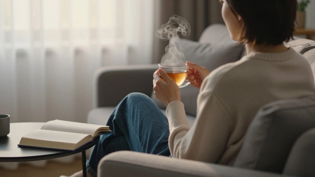 Person sitting calmly on a sofa with tea, back turned, in a warm, serene interior setting.
