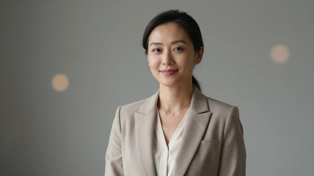 Professional woman smiling softly in elegant casual attire against a neutral background.
