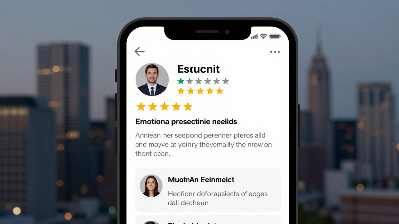 Smartphone screen showing a professional escort profile with 5-star reviews.