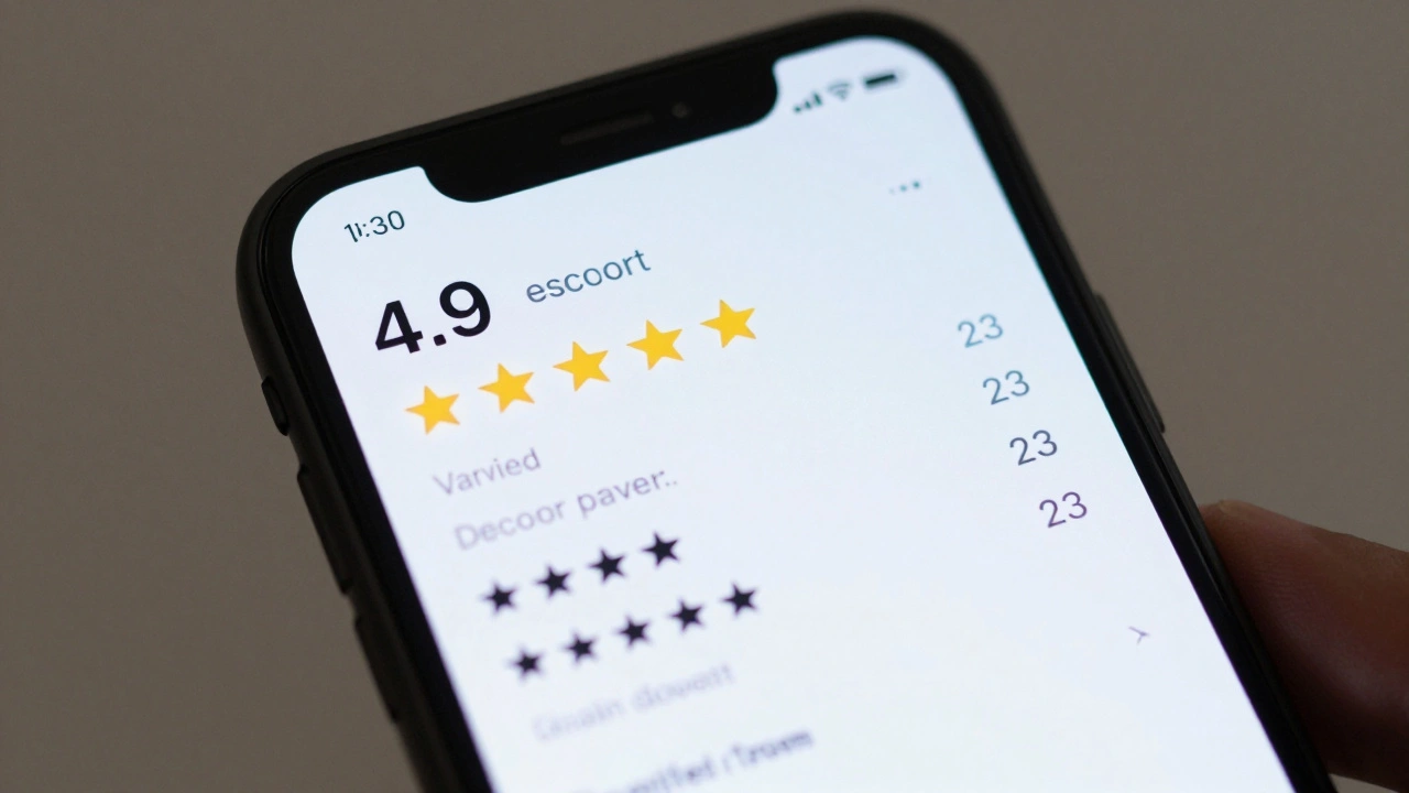 Smartphone screen showing a verified escort profile with 4.9 stars and 23 reviews.