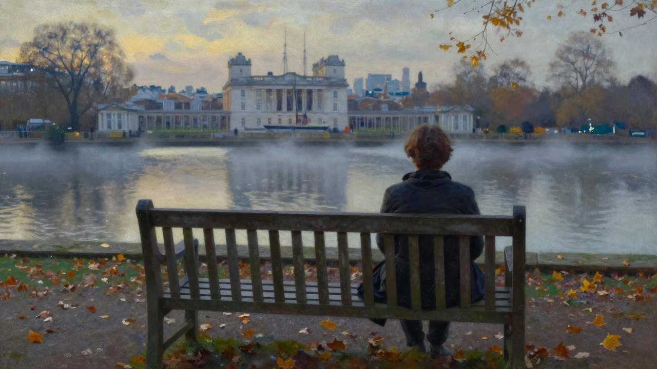 Someone sitting alone on a park bench in Greenwich, looking toward the river at dusk.