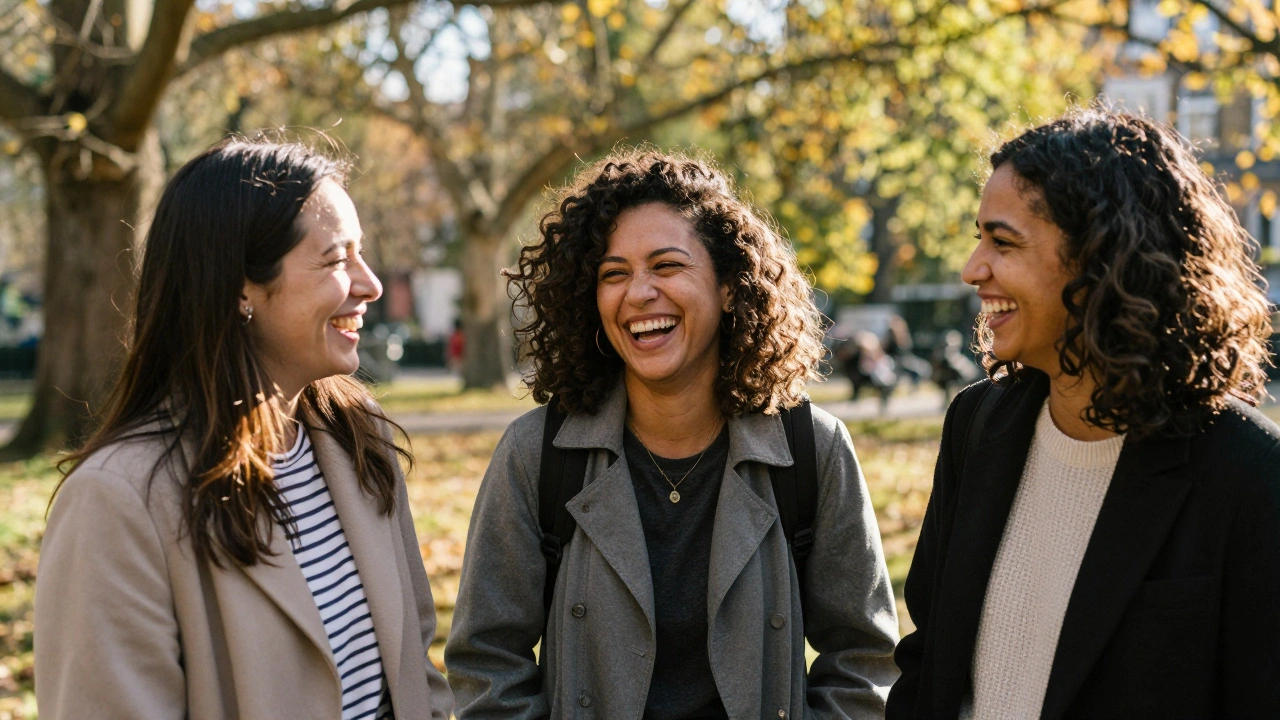 Three diverse women smiling naturally in Camden Park, surrounded by autumn trees and sunlight.