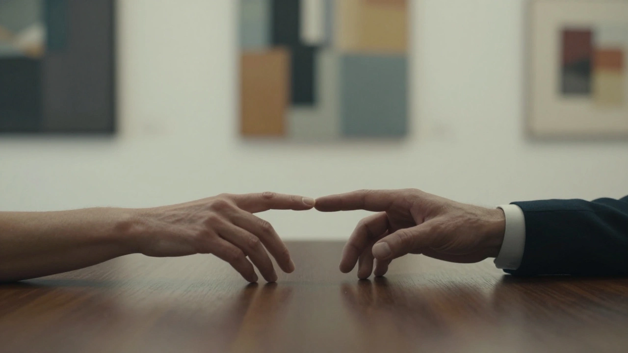 Two hands nearly touching across a table in a refined, intimate setting.