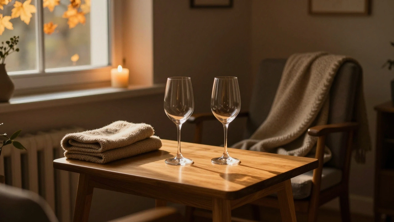 Two wine glasses and a candle on a table with a folded blanket nearby.