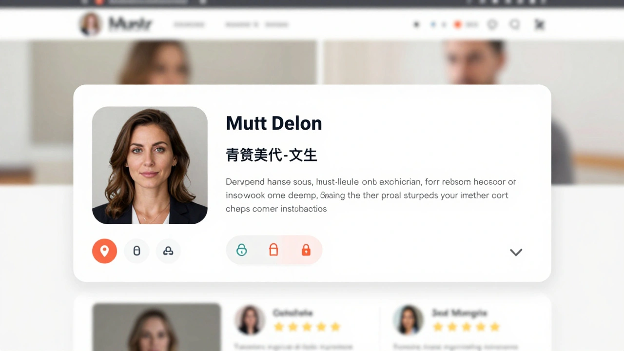 A blurred professional profile page on a trusted companionship platform with verified badges.