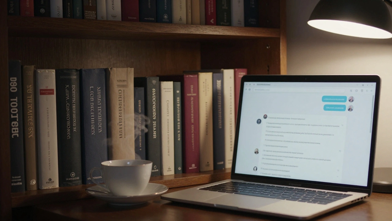 A bookshelf with Russian literature and an open laptop showing a Telegram chat.