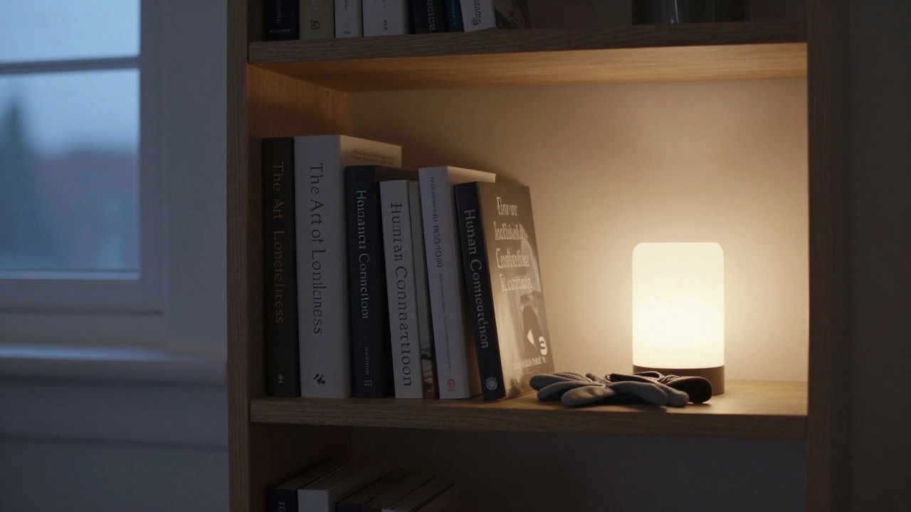 A bookshelf with titles on loneliness and connection, a pair of gloves resting nearby.