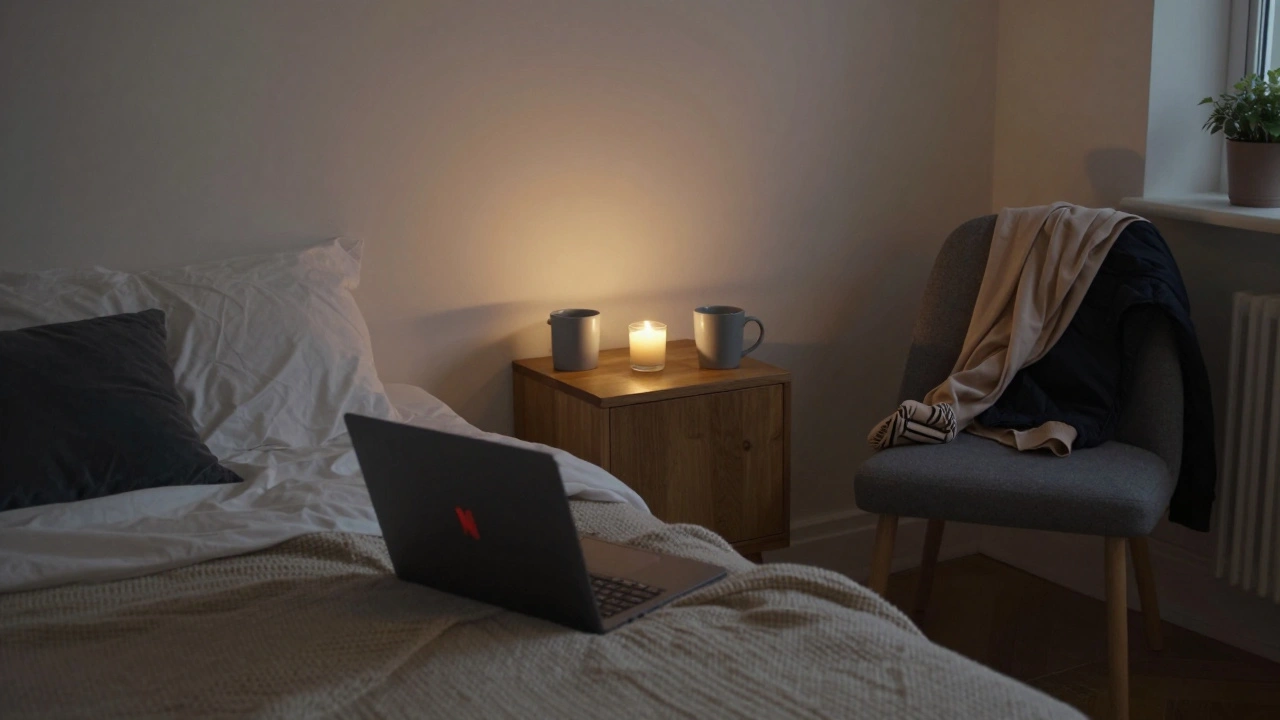A casual meeting in a quiet Airbnb bedroom with candles, a laptop, and mugs, conveying comfort and simplicity.