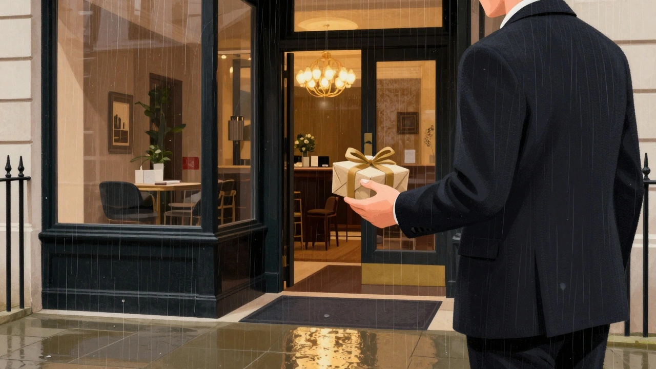 A client arriving at a private London hotel entrance with a small gift, emphasizing discretion and thoughtful preparation.