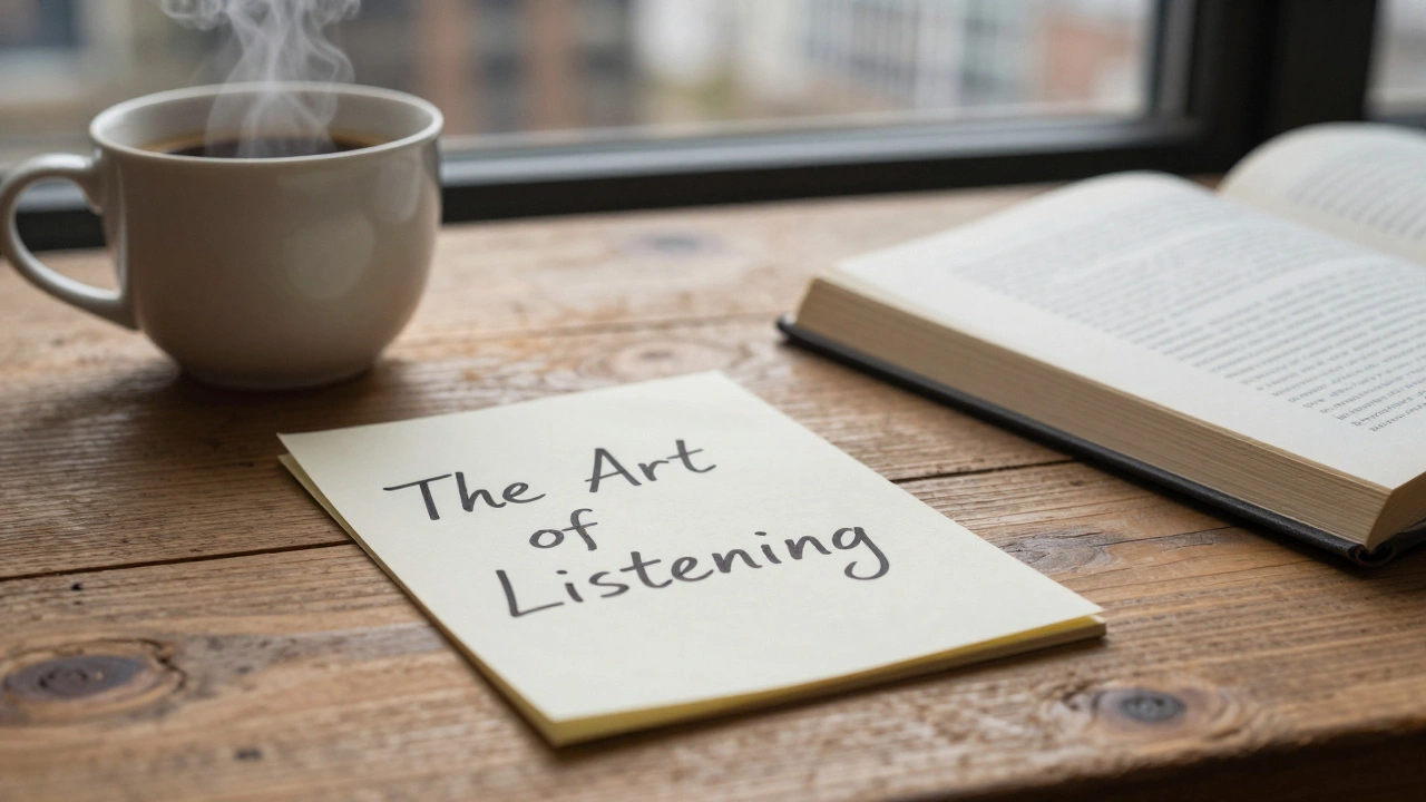 A coffee cup and open book on a wooden table with handwritten notes, symbolizing thoughtful connection.