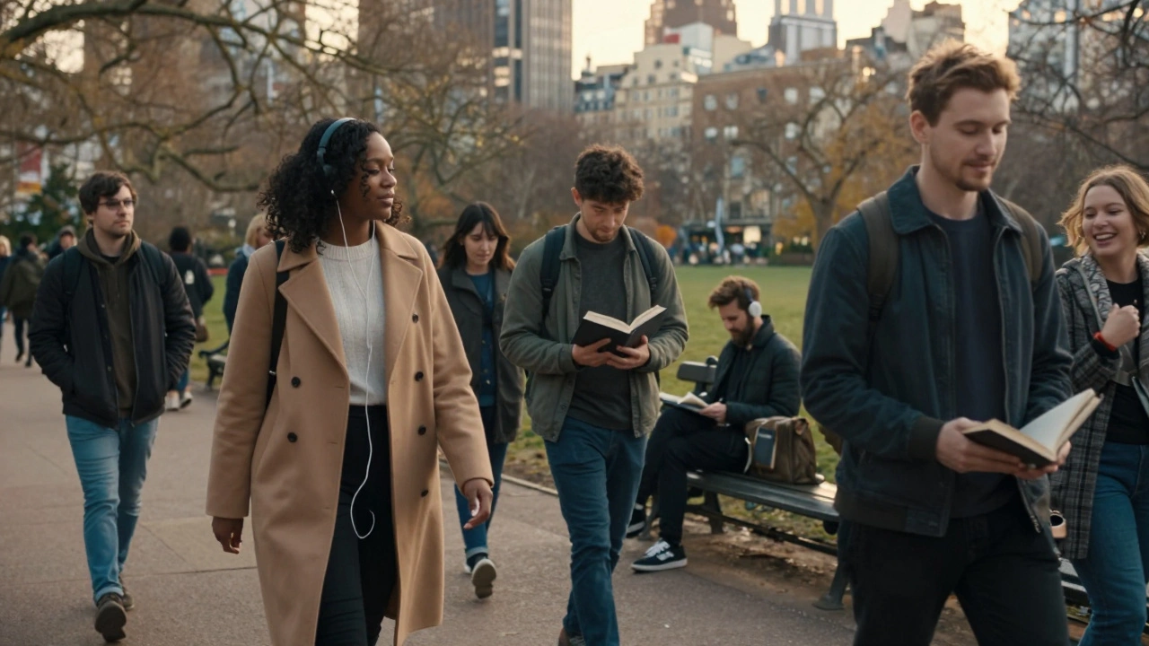 A diverse group of people enjoying peaceful moments together in Hyde Park at golden hour.