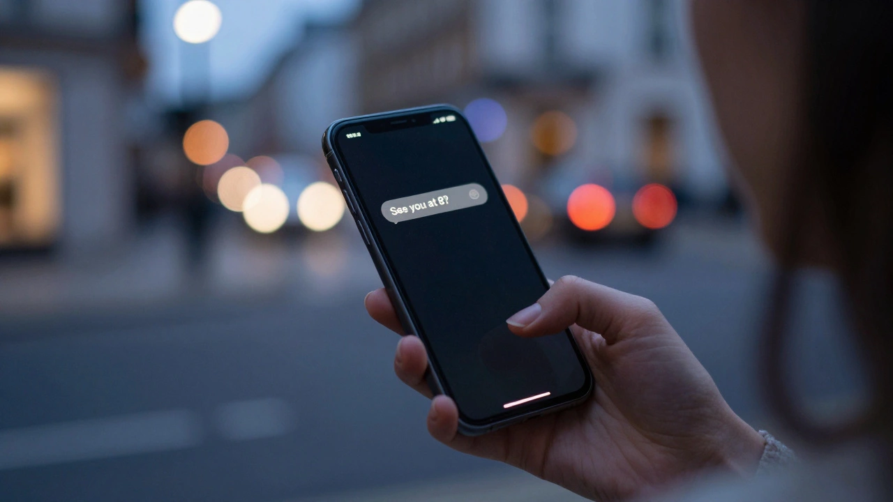 A hand holding a phone with a discreet message notification, lit by ambient city lights at dusk.