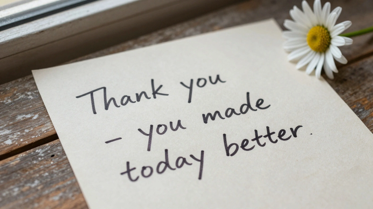 A handwritten thank-you note with a daisy beside it, softly lit and tender.