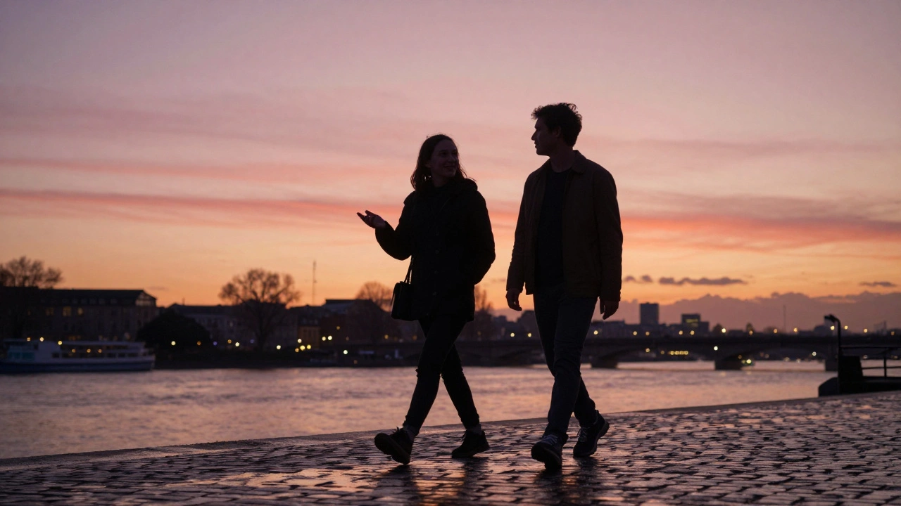 A man and woman walking along the Thames at sunset, relaxed and engaged in quiet conversation.