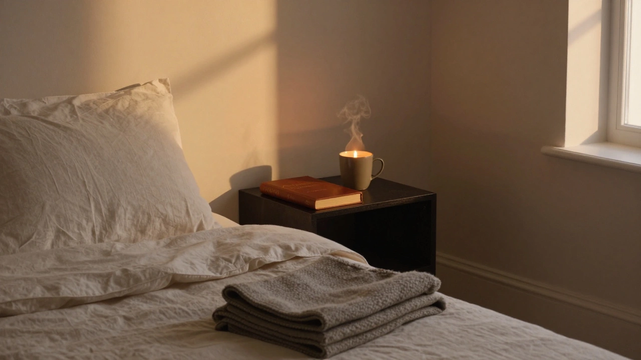 A peaceful bedroom with soft lighting, a book, and a mug on a nightstand.