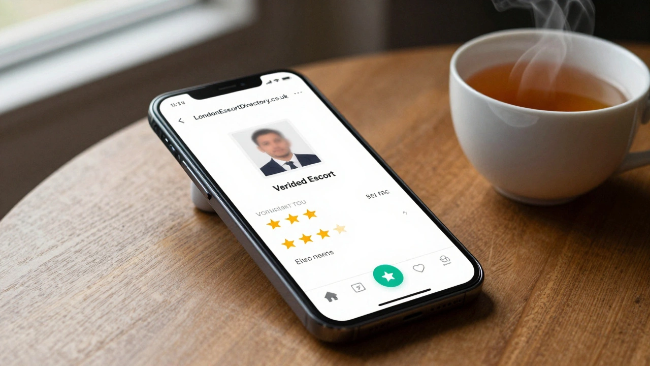 A smartphone displaying a verified escort profile with reviews and blurred ID, beside a cup of tea.