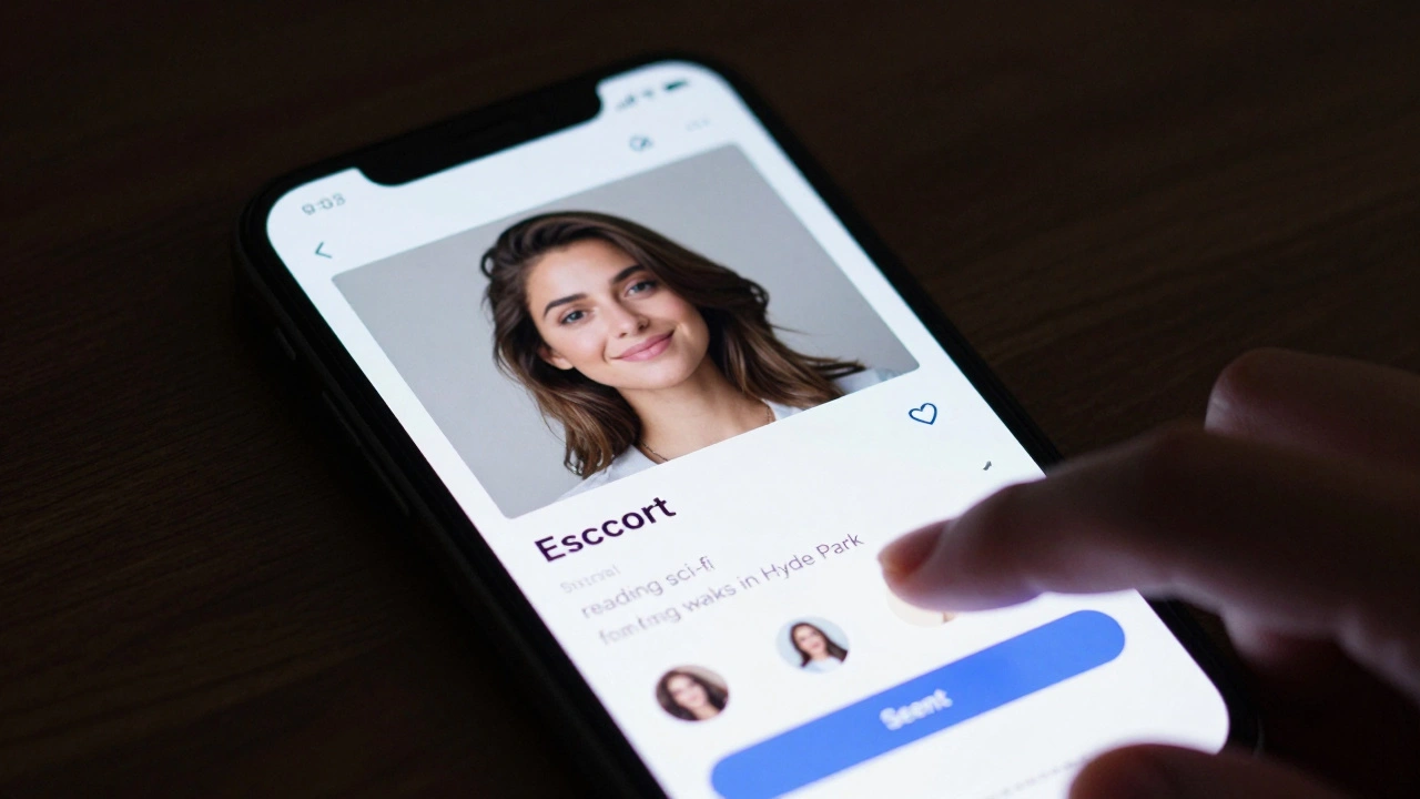 A smartphone screen displaying a professional escort profile with a real photo and detailed personal bio.