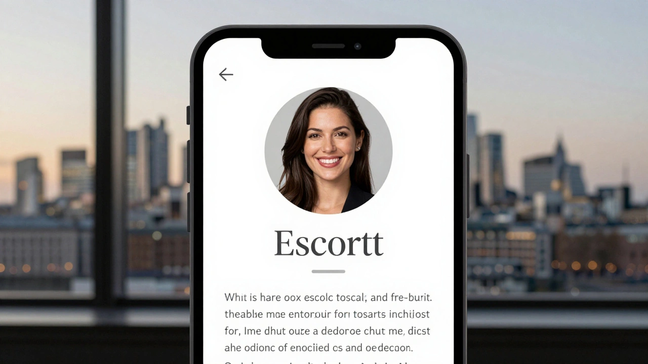 A smartphone showing a professional escort profile with a warm smile and London skyline in the background.