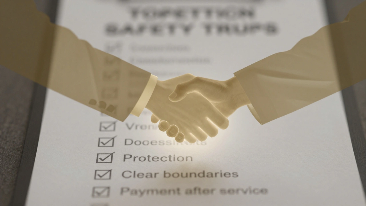 A symbolic handshake between two silhouettes above safety guidelines, representing mutual consent and professionalism.