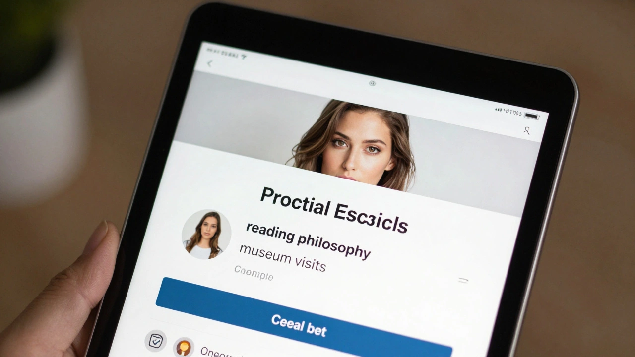 A tablet displaying a professional escort profile with a real photo and detailed bio.