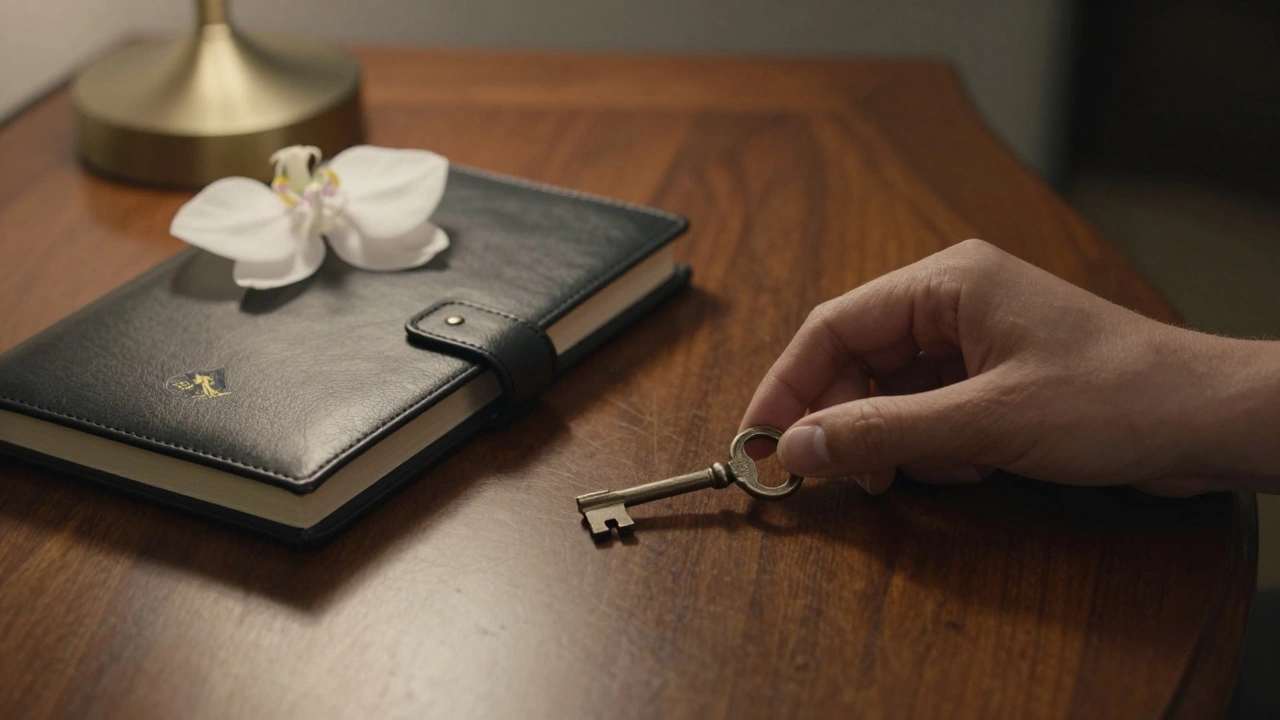 A vintage key and leather-bound appointment book on a wooden desk with a single orchid.