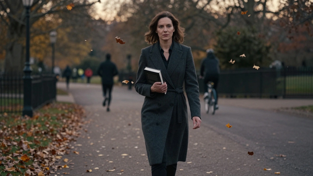 A woman in a tailored coat walking through Hyde Park at dusk, holding a book.