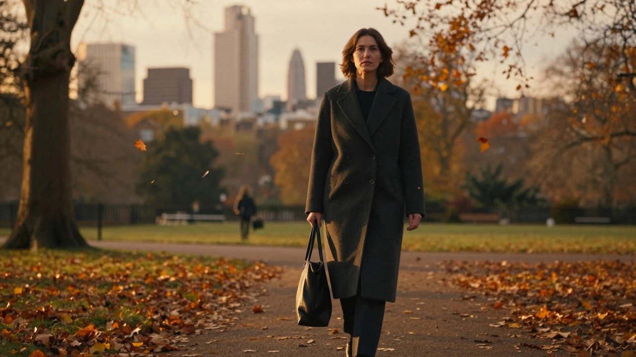 A woman in a tailored coat walking through Hyde Park at dusk, surrounded by autumn leaves and London’s skyline.