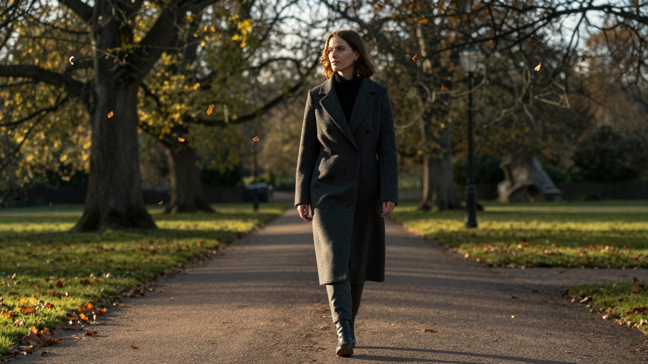 A woman walking alone through Holland Park at sunset, calm and composed.