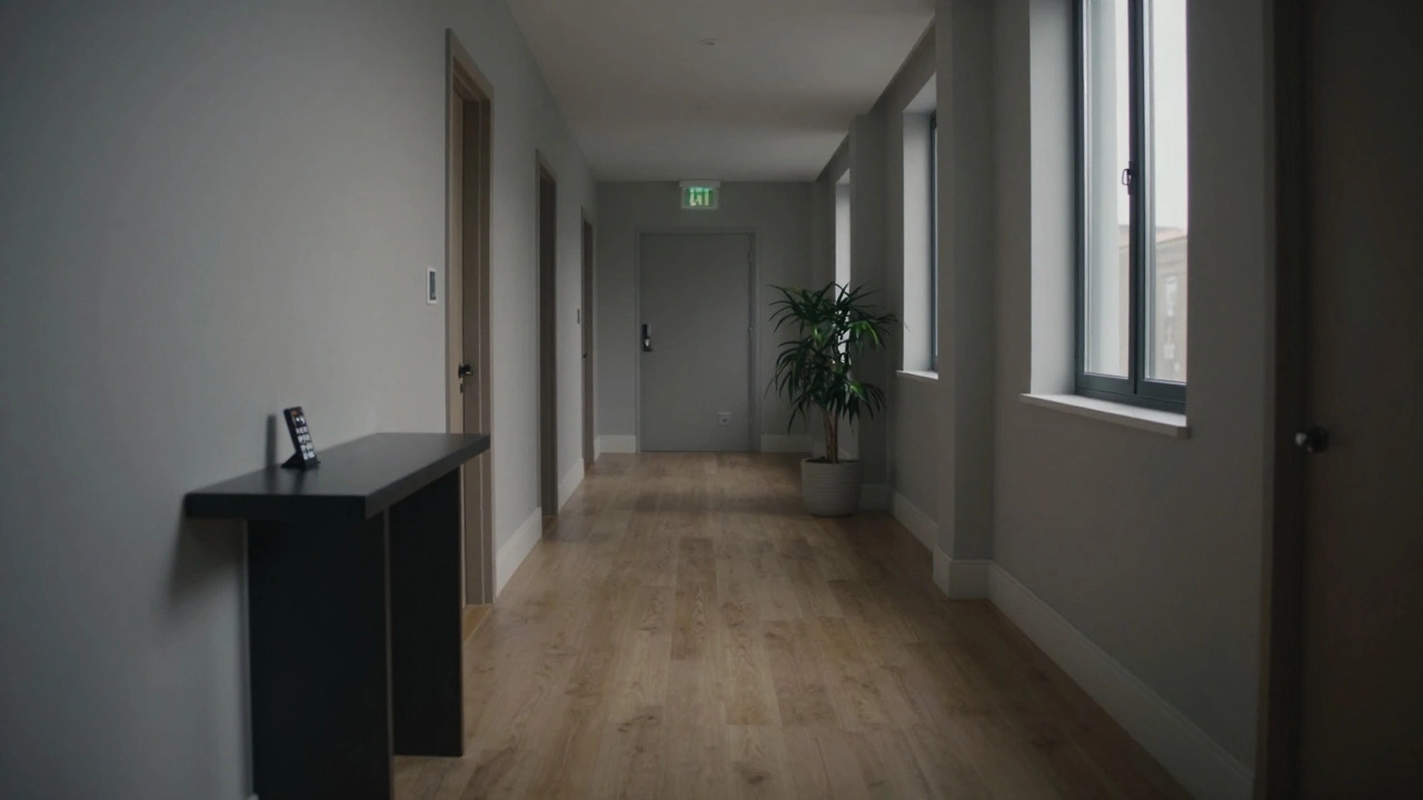 An empty hotel hallway at dawn with no cameras, a keycard on a table, and minimalist decor.