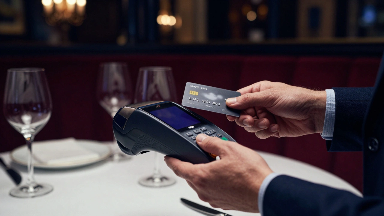 Credit card payment transaction in upscale London restaurant