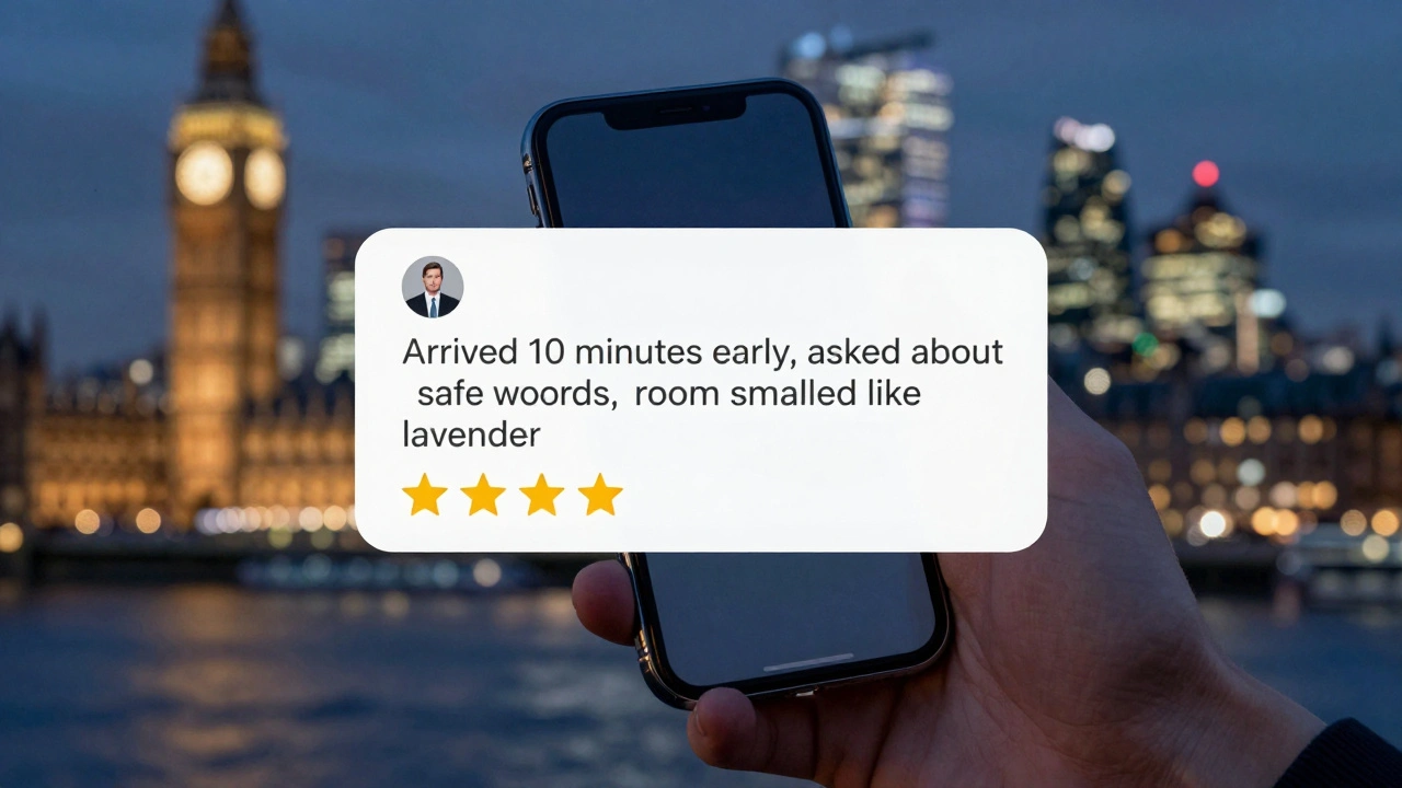 Hand holding phone with detailed escort review and 5-star rating glowing softly.