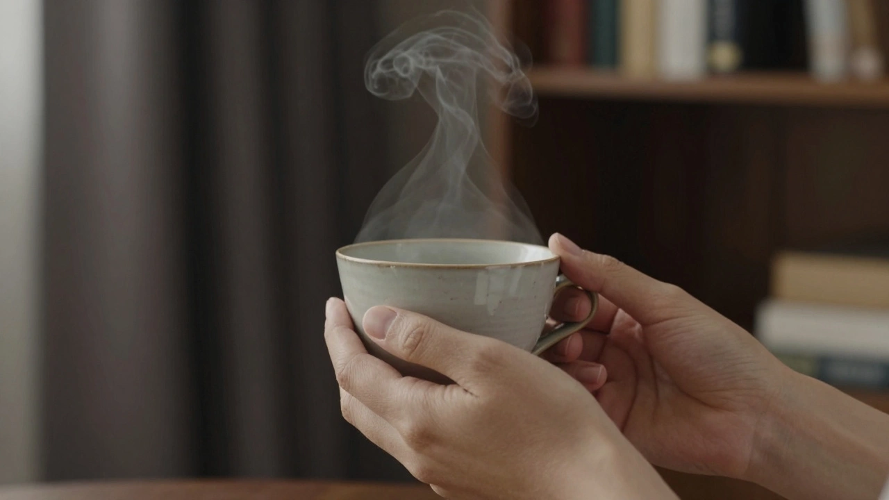 Hands holding a warm cup of tea in a calm, cozy room.