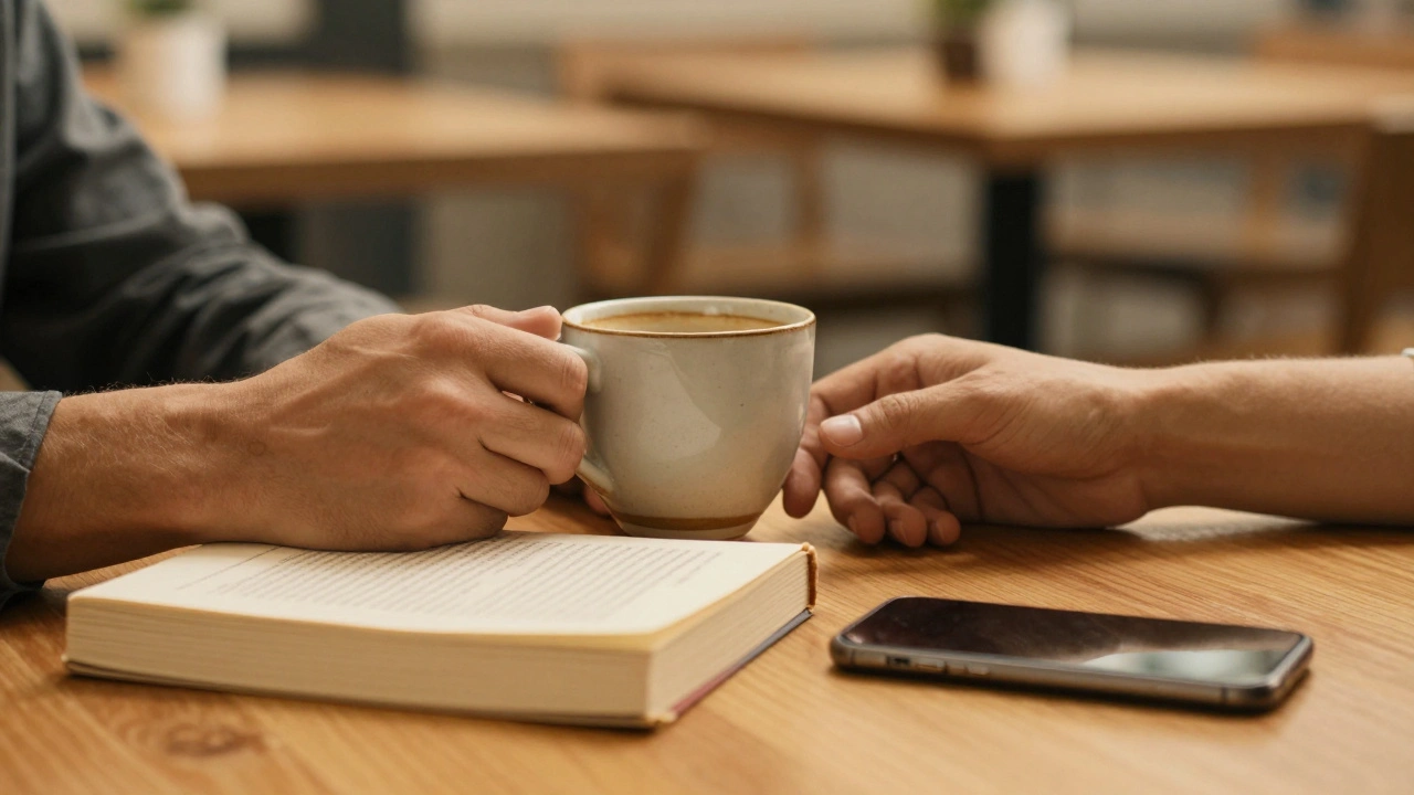 Hands on a wooden table with coffee cup, book, and phone—calm, intimate companionship.