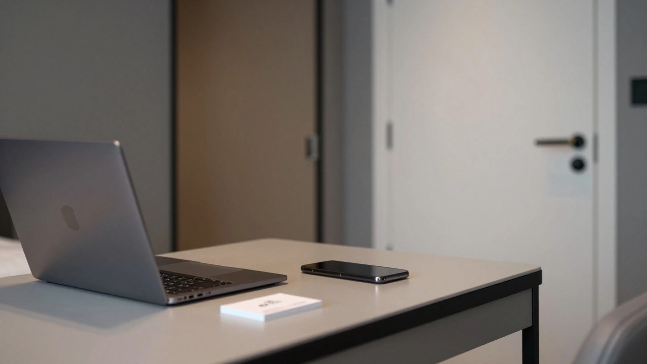 Modern hotel room with laptop and smartphone on a desk, closed door, professional and private setting.