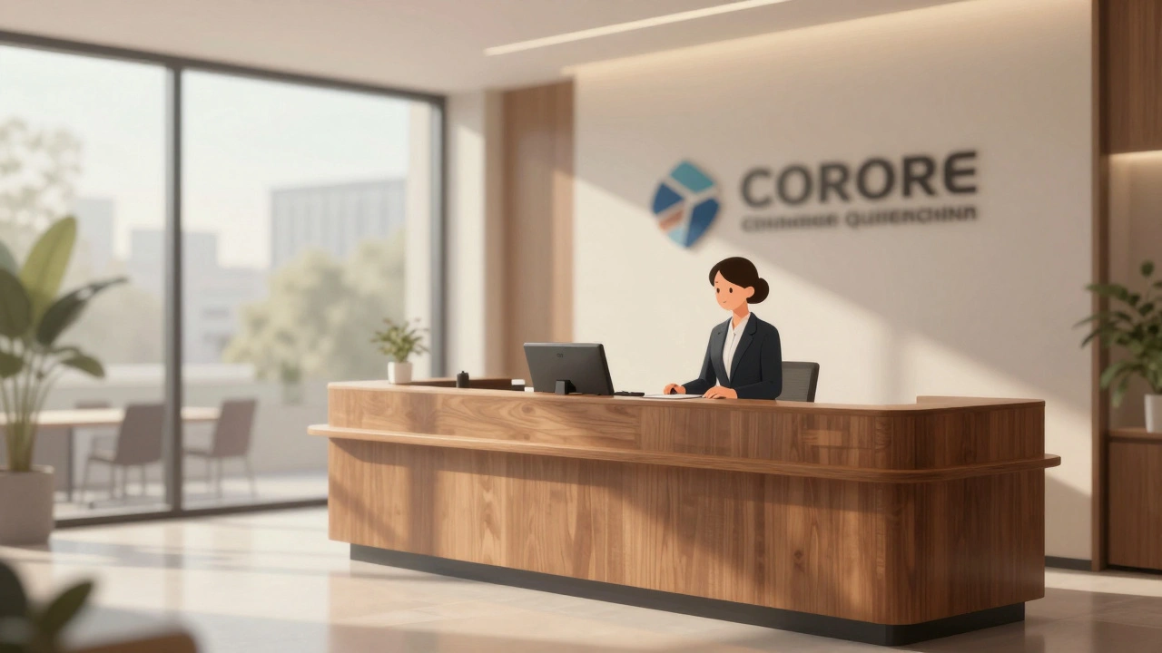 Modern office reception with blurred sign and professional staff