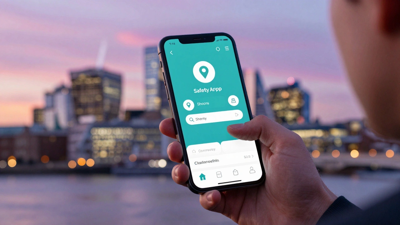 Safety app on smartphone with blurred interface in urban setting.