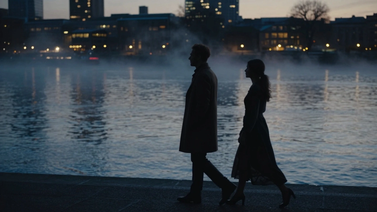 Silhouettes of two individuals walking together along the Thames at dusk, peaceful and unspoken companionship.