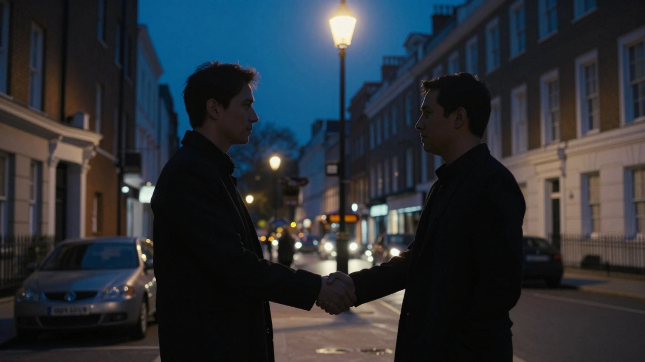 Two anonymous figures in respectful conversation under a streetlamp, symbolizing trust and boundaries.
