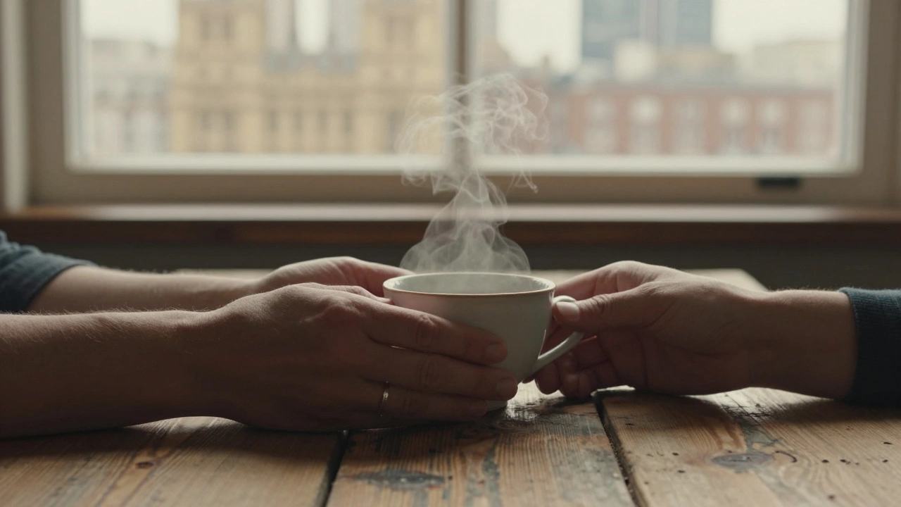 Two hands holding a cup of tea on a wooden table, symbolizing calm and human connection.