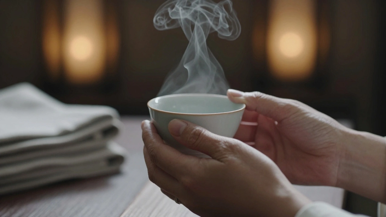 Two hands holding a steaming teacup, steam rising softly in a serene, intimate moment.