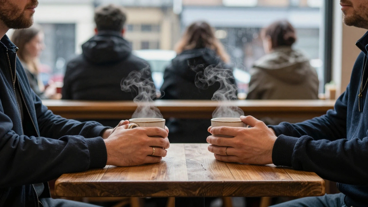 Two hands holding coffee mugs at a café table, one with a wedding ring.
