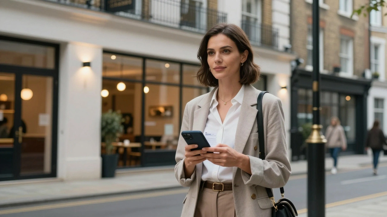 Woman standing outside a safe, well-lit apartment in East London with booking confirmation on phone.