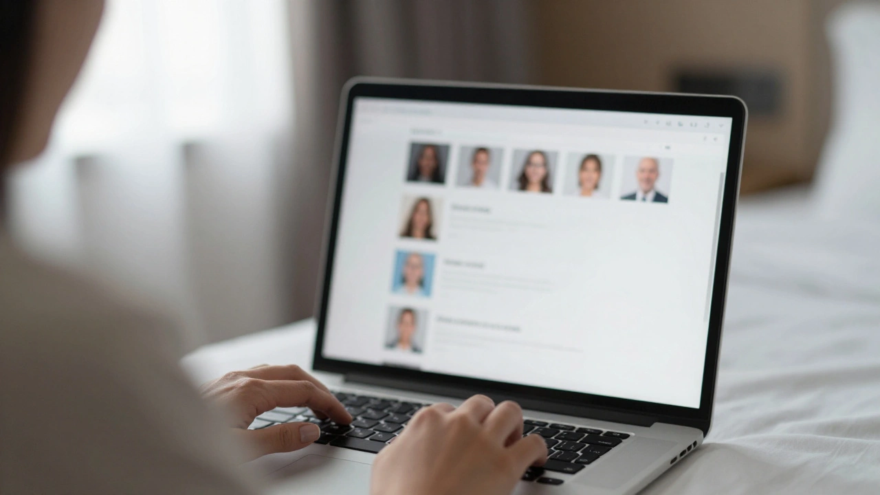 Woman using laptop in hotel room with blurred screen.