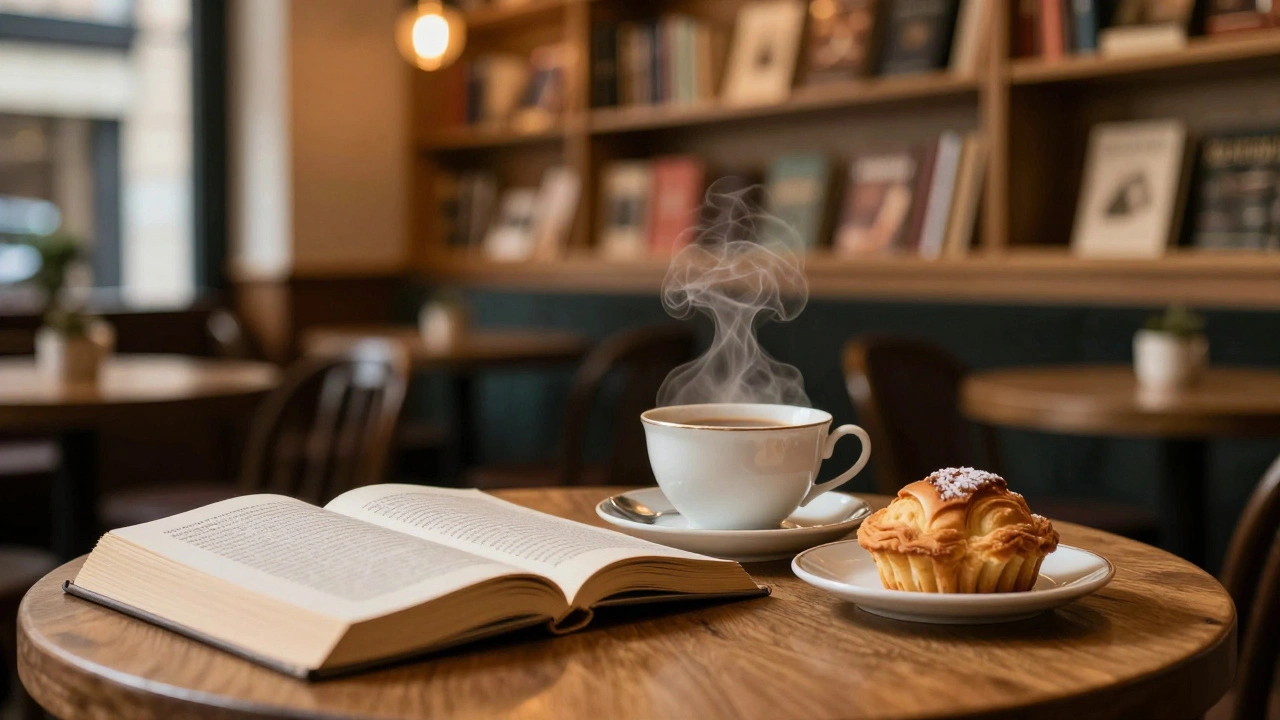 A cozy café with a Russian book and steaming teacup on a wooden table.