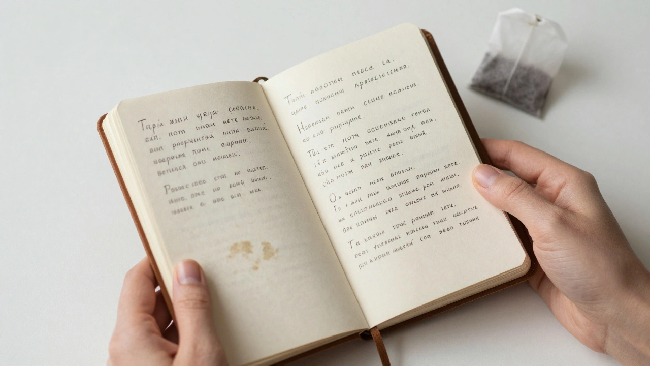 A hand holding a notebook with handwritten Russian phrases and English translations.