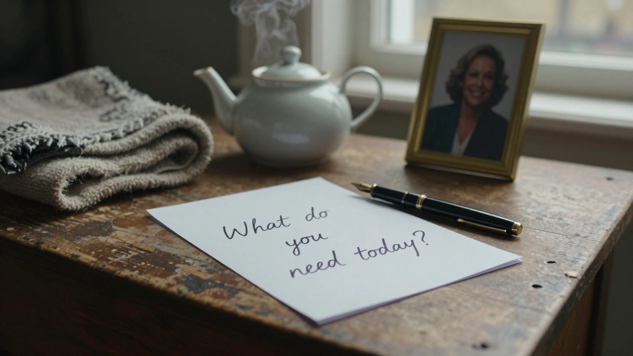 A handwritten note on a wooden table reads 'What do you need today?' beside a teapot and a framed photo.